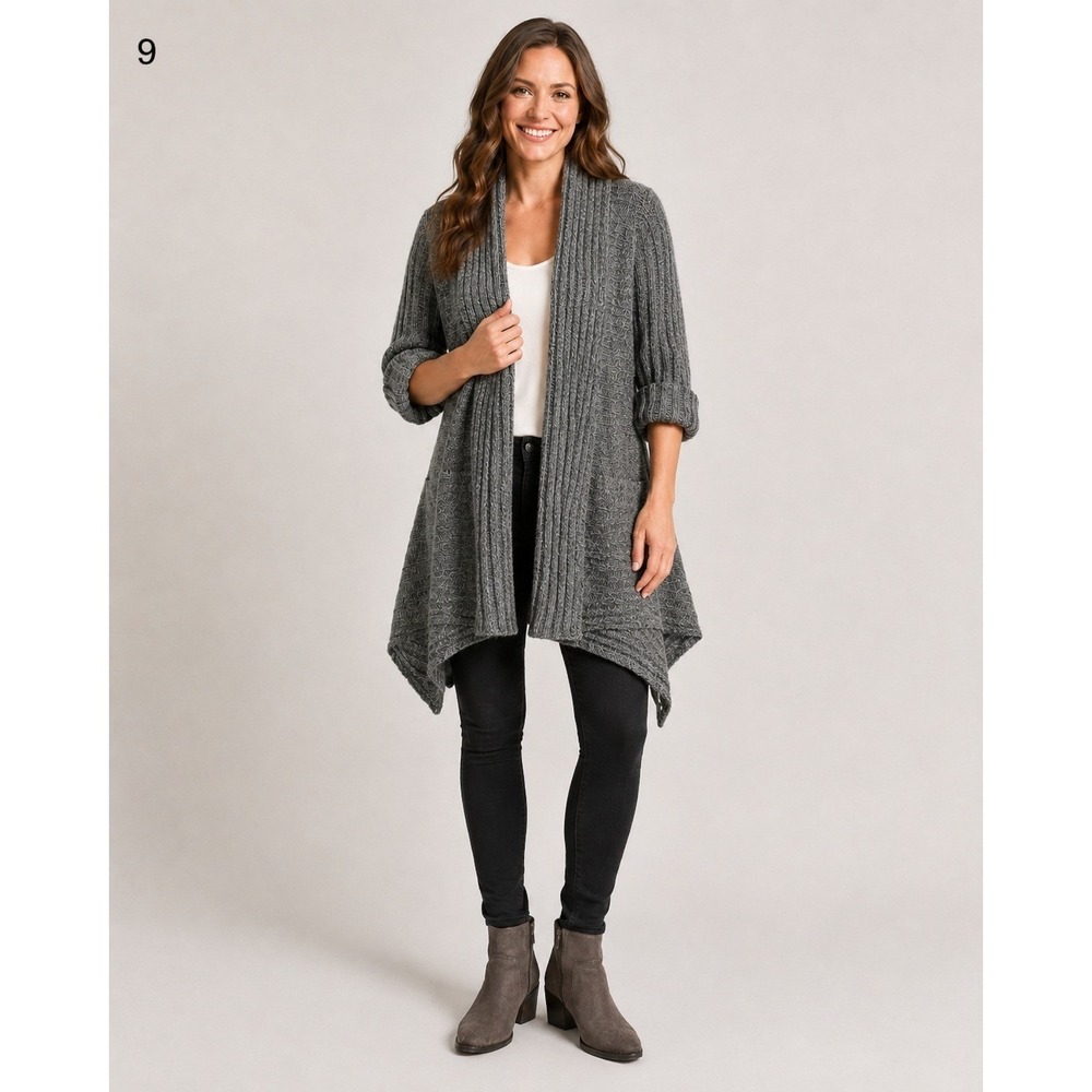 BCBGMaxazria Duster Cardigan Sweater Womens Large Gray Crochet Back Long